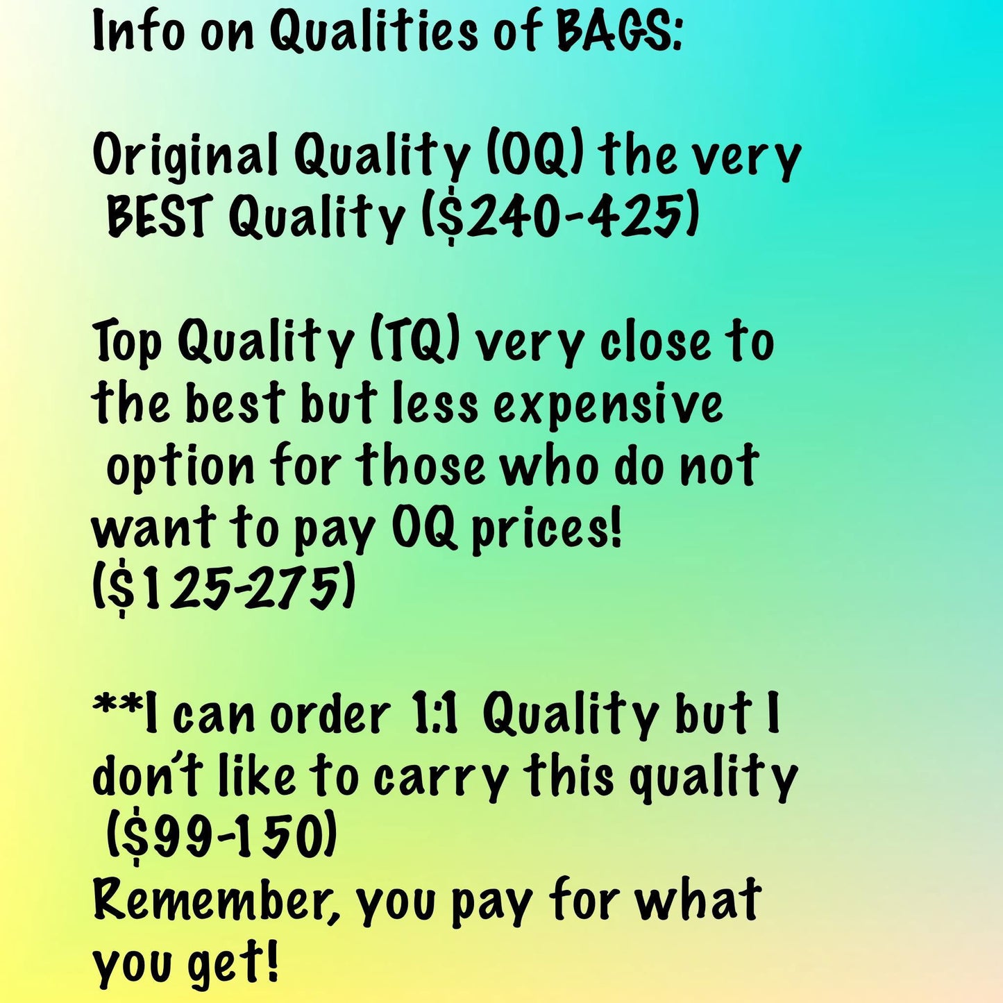 In stock BAGS! (OQ &TQ) Preorders go in every Friday!